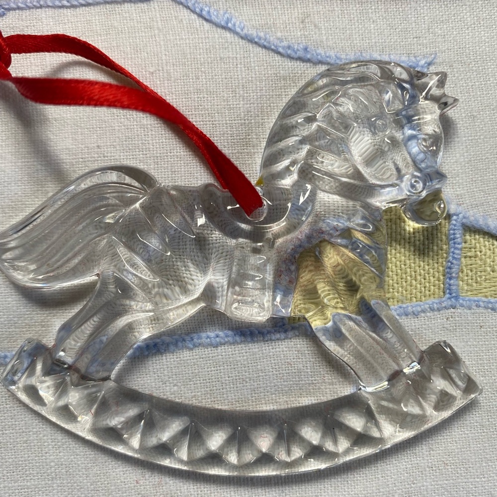 Vintage -Gorham Crystal Rocking Horse Ornament with Red Ribbon